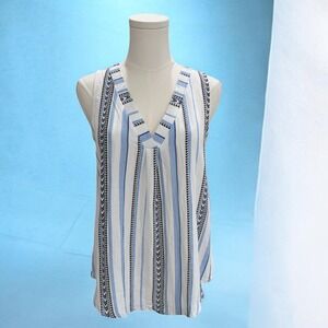 Mine Sleeveless Striped Boho Top Blue White V Neck  S NWOT Summer Casual Resort